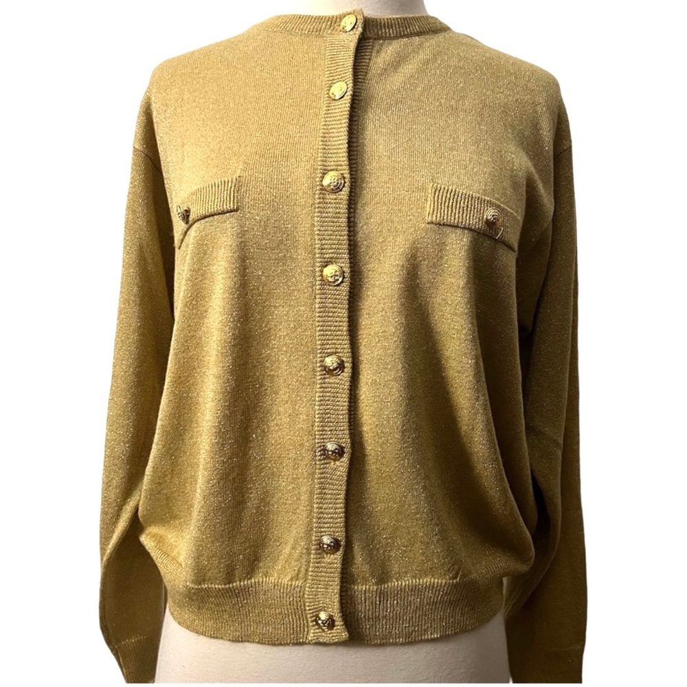 Sold/// 1990’s Vintage Blousy Gold Lurex Cardigan, Size Medium - Picture 1 of 8